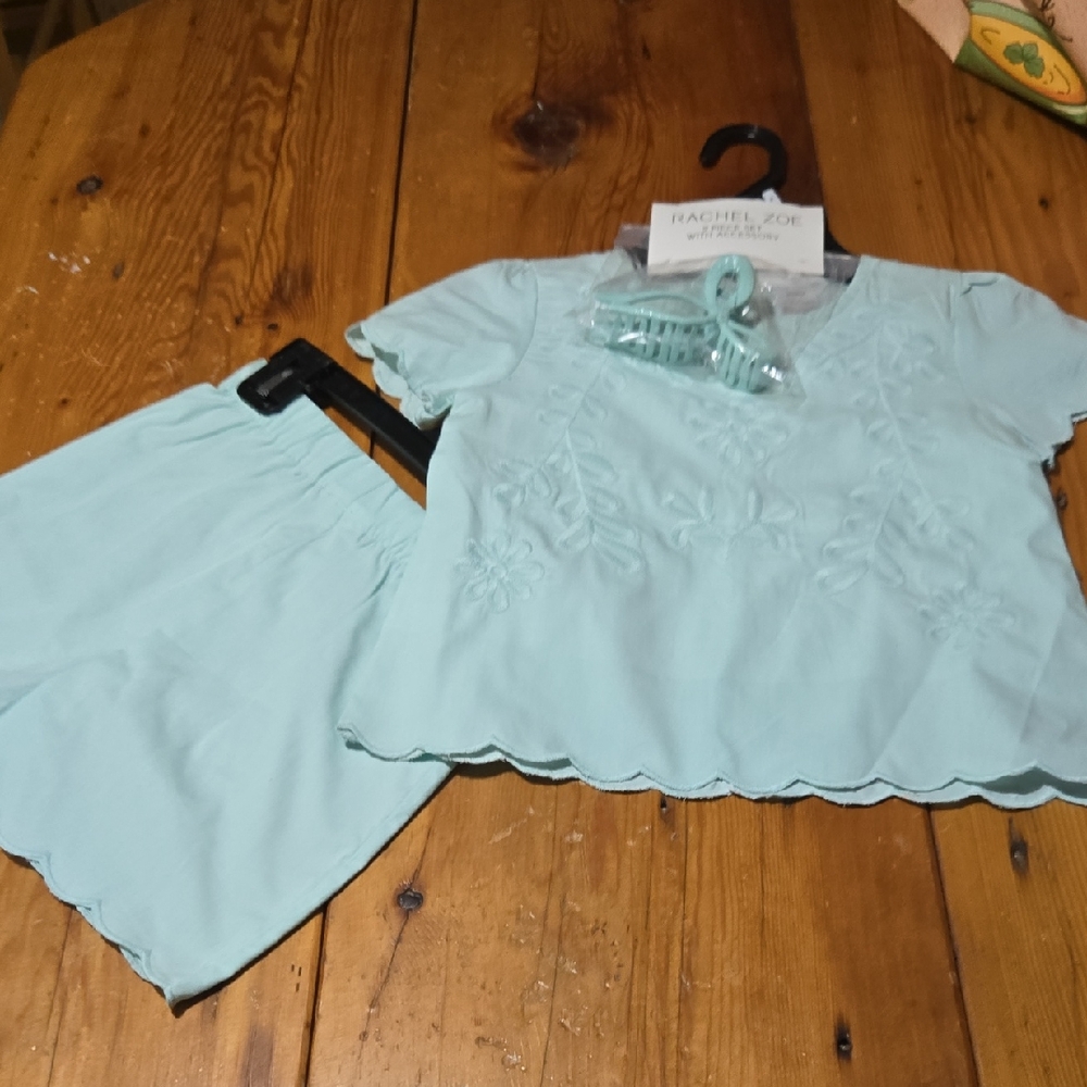 Nwt Rachel Zoe Sky Blue Embroidered Set Sz 6 Shorts, Blouse,  Hair Clip